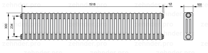Схема (чертеж) Радиатор Zehnder Charleston 3030/33 №1270 Белый глянцевый RAL 9016